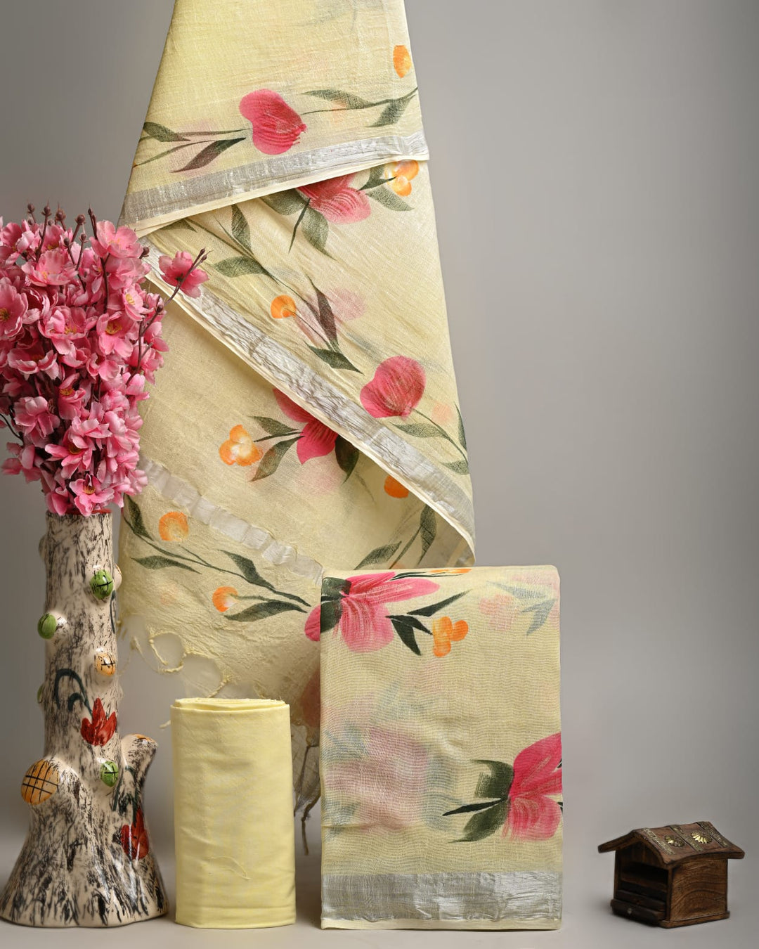 Hand Block Printed Linen Unstitched Suit .