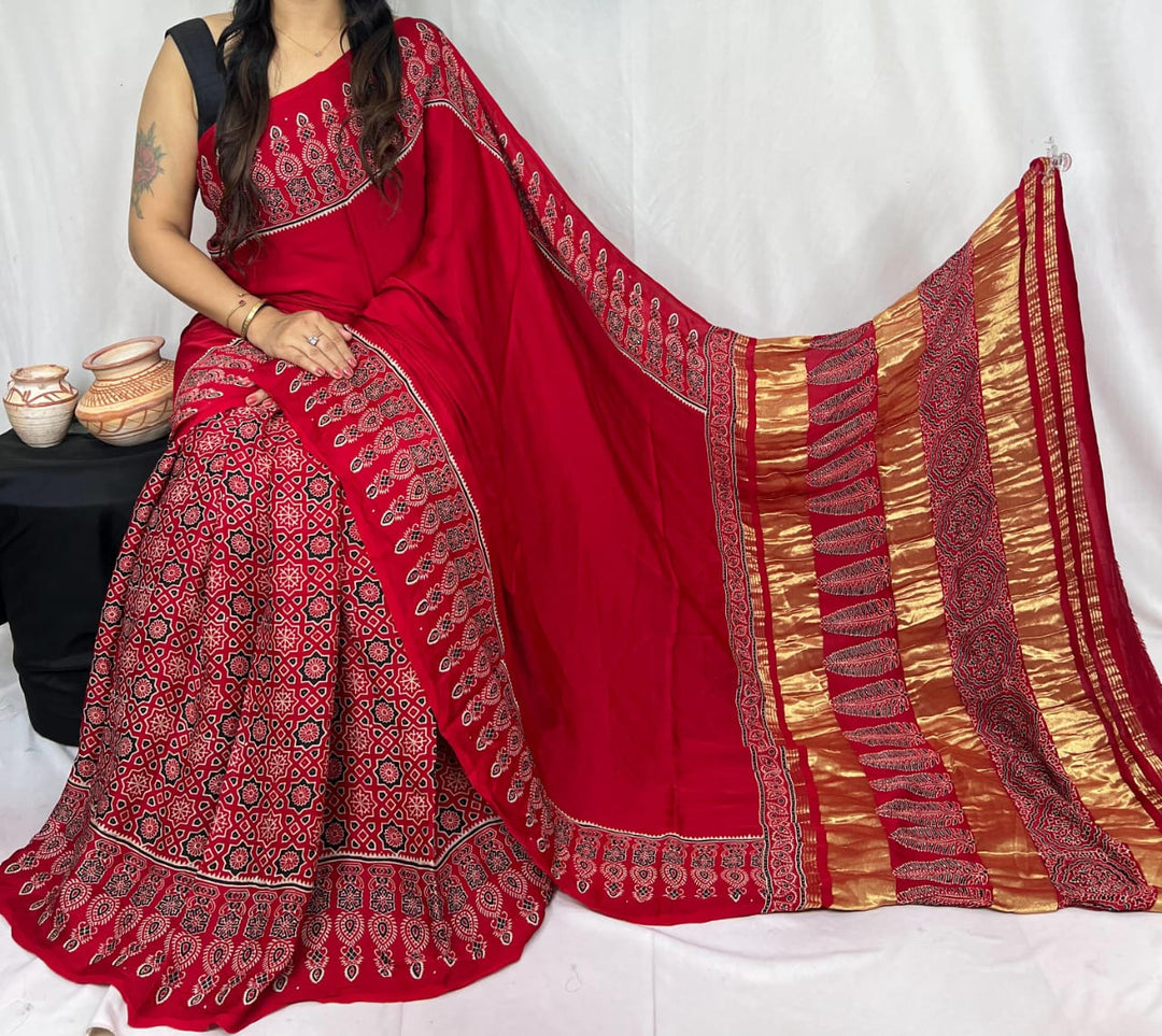 Pure Natural Dyeing Hand Block Print Modal silk saree.