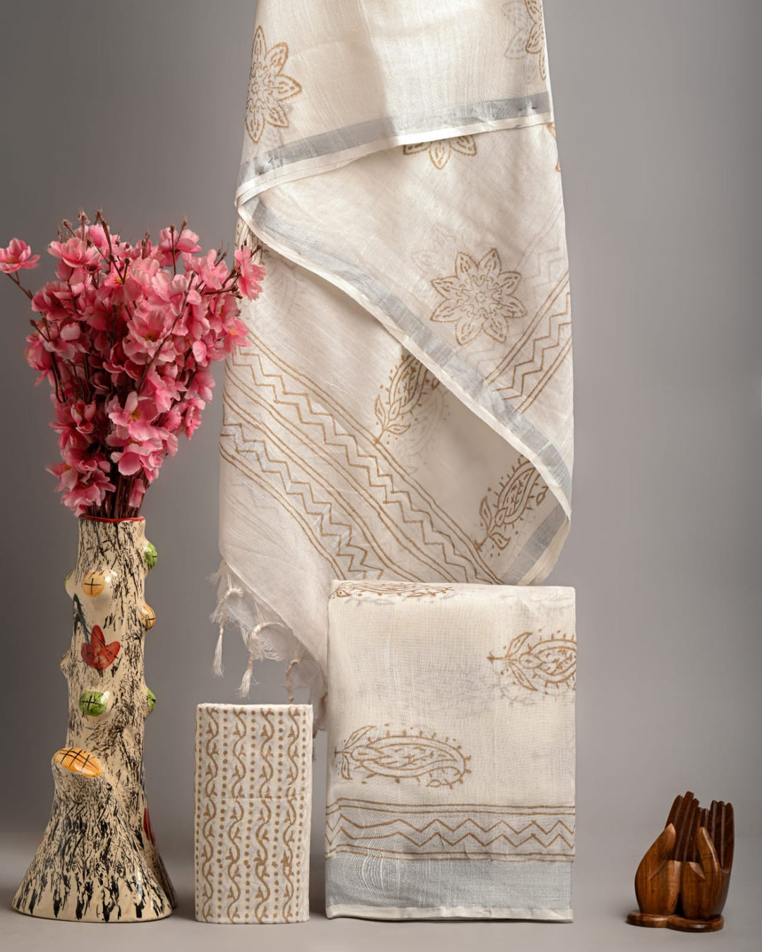 Hand Block Printed Linen Unstitched Suit .