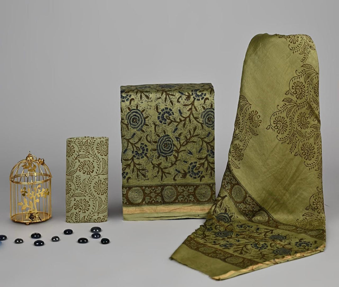 Pure Hand Block Chanderi Silk Unstitched Suit.