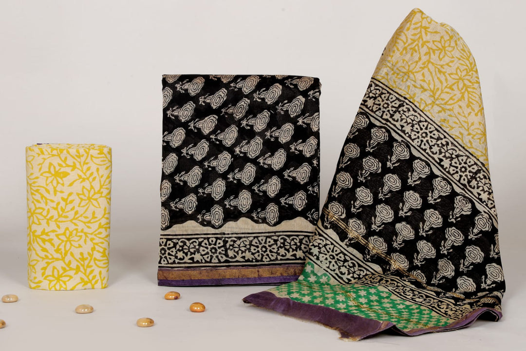 Pure Hand Block Chanderi Silk Unstitched Suit.
