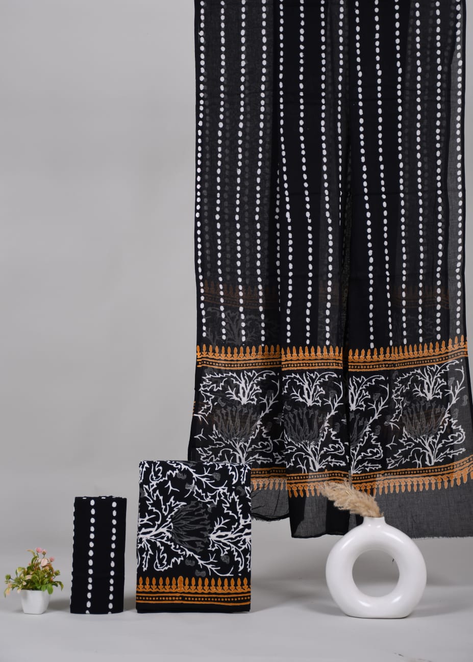 Pure Cotton Hand Block Printed Unstitched Suit Set With Cotton dupatta.