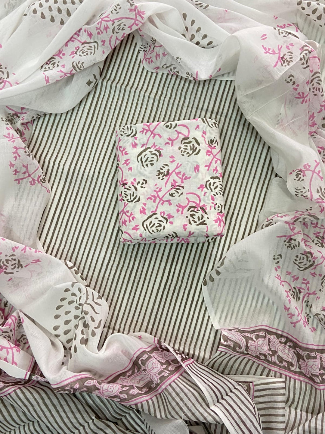 Pure Cotton Hand Block Print Unstitched Suit with Cotton Dupatta.