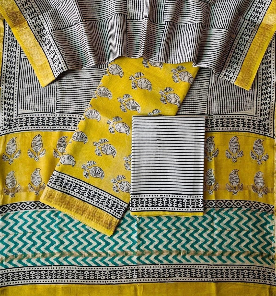 Pure Maheshwari Silk Hand block print Unstitched Suit.