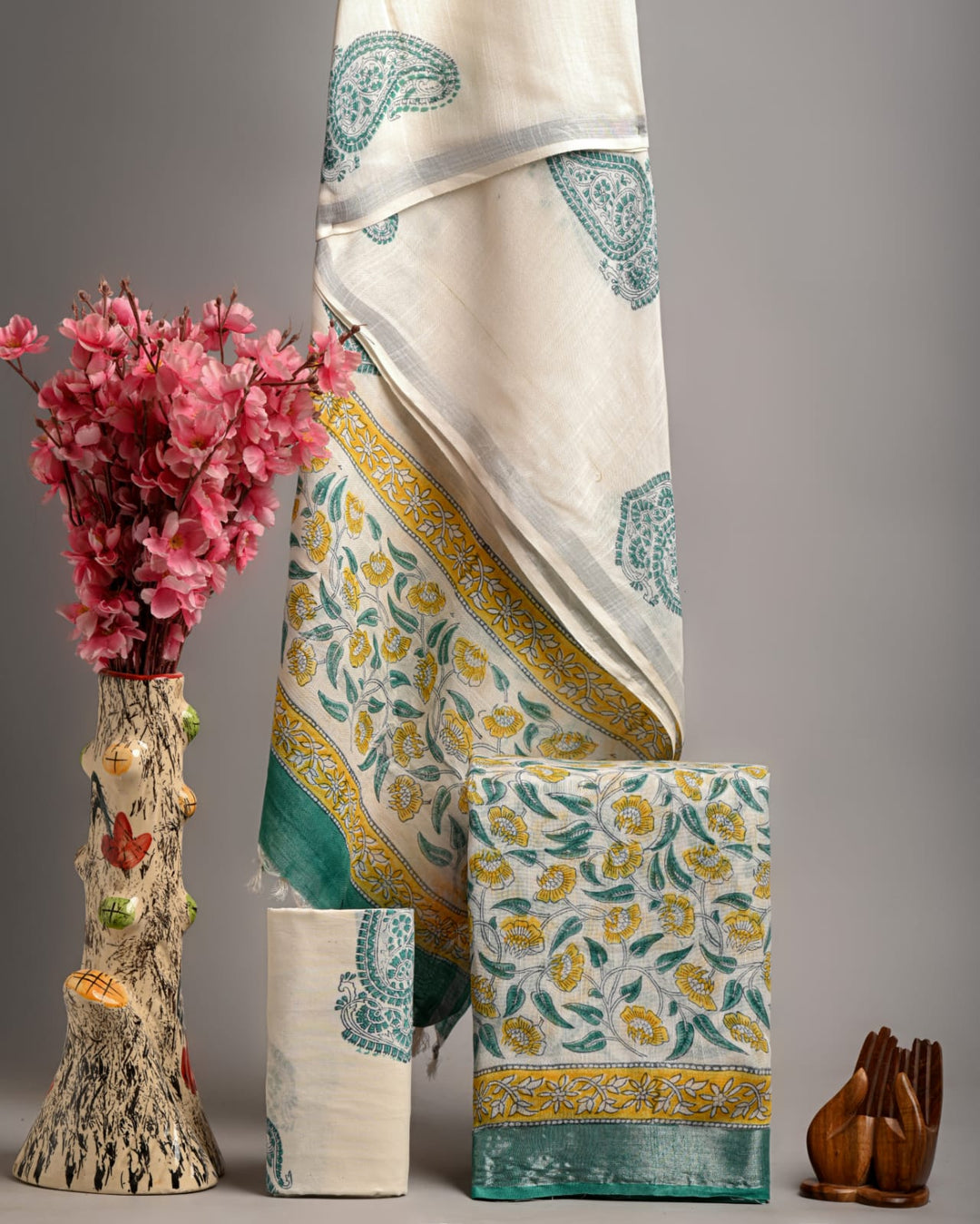 Hand Block Printed Linen Unstitched Suit .