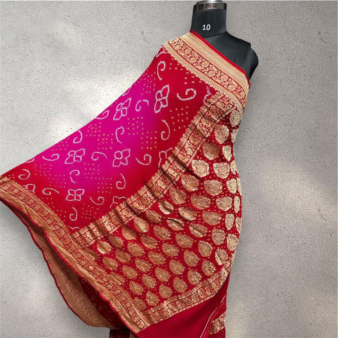 Pure Khaddi Georgette Handloom Neem Zari Work saree With Raiy Bandhej .