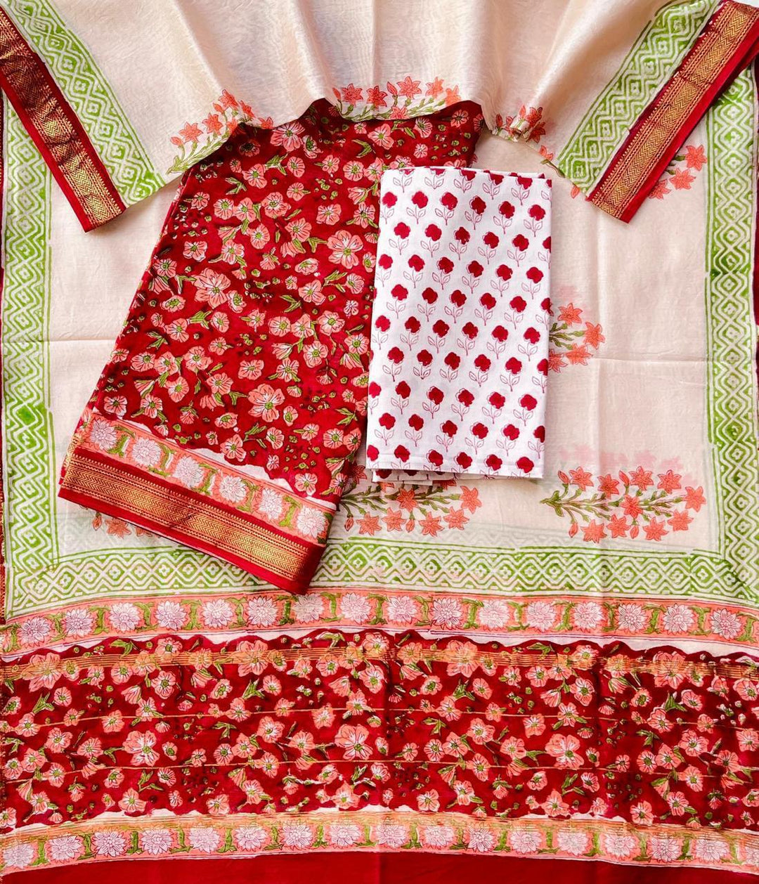 Pure Maheshwari Silk Hand block print Unstitched Suit.
