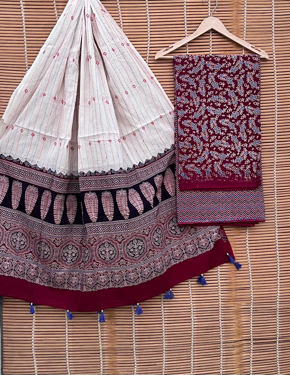 Pure Cotton Azrakh Print Unstitched suit Whit Kantha Work Dupatta.