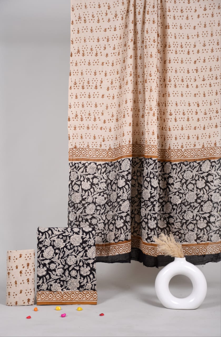 Pure Cotton Hand Block Printed Unstitched Suit Set With Cotton dupatta.