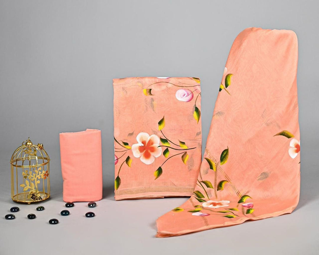 Pure Hand Block Chanderi Silk Unstitched Suit.