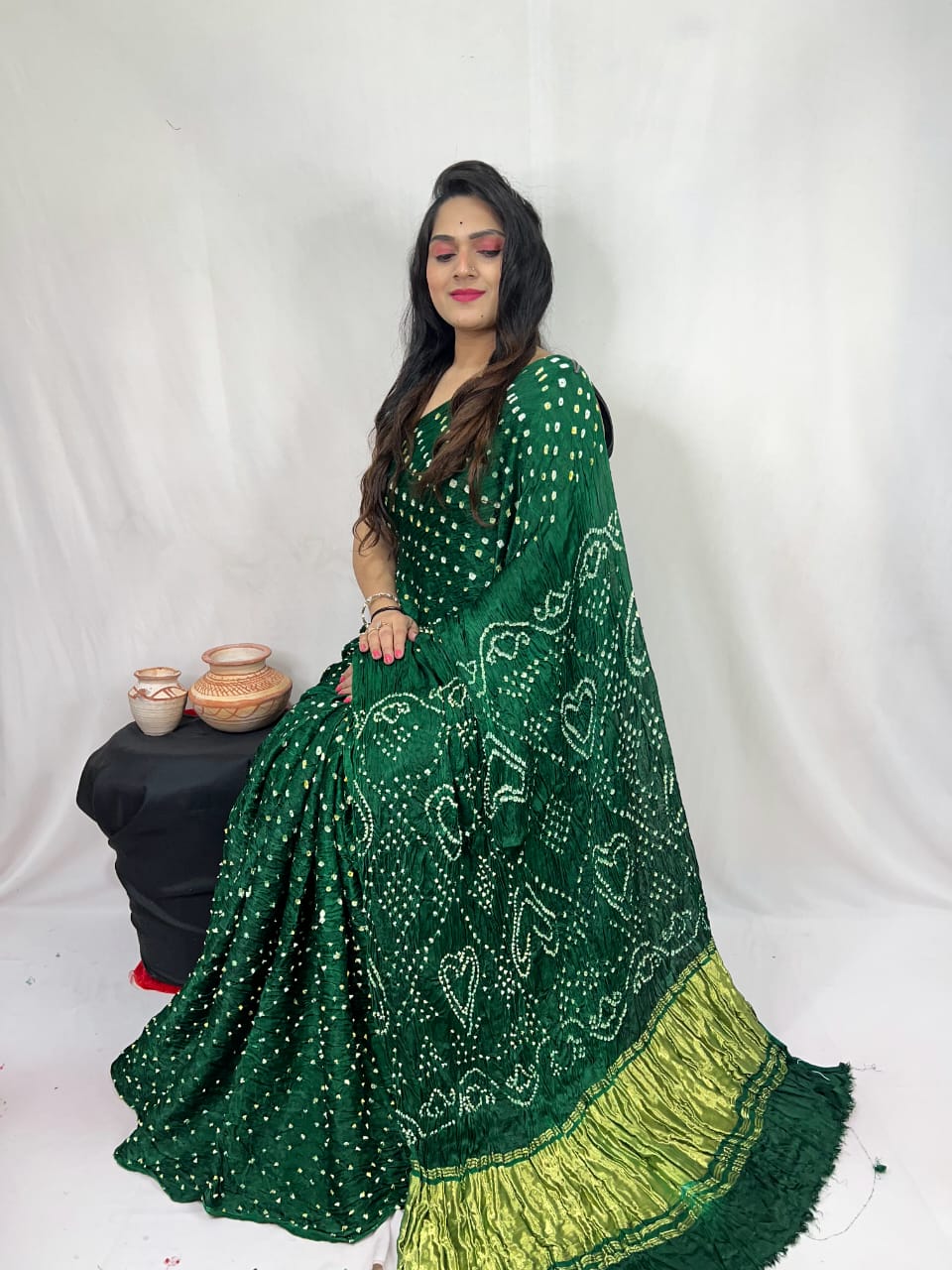 Pure Natural Dyeing Hand Block Bandhej Print Modal silk saree.