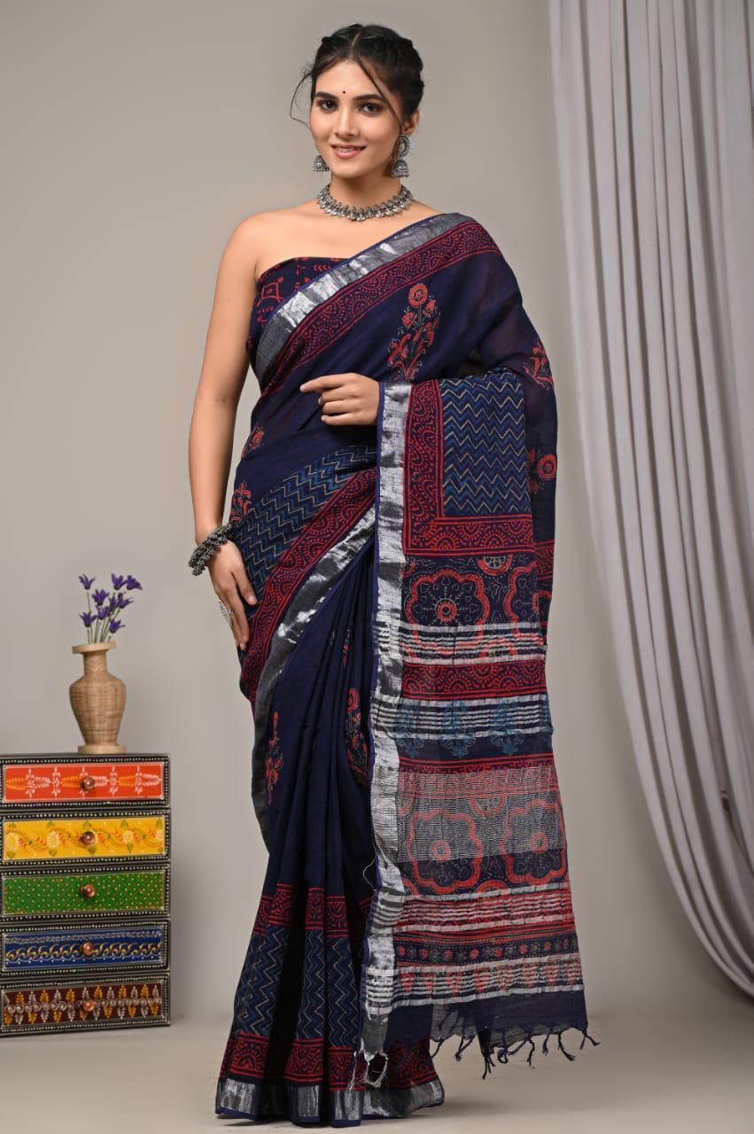 Hand Block Print Linen Saree with Blouse .