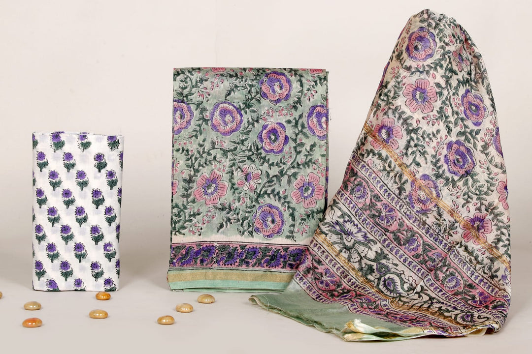 Pure Hand Block Chanderi Silk Unstitched Suit