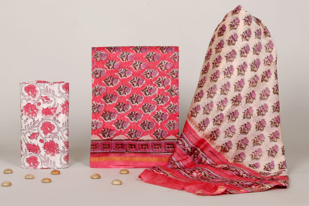 Pure Hand Block Chanderi Silk Unstitched Suit.