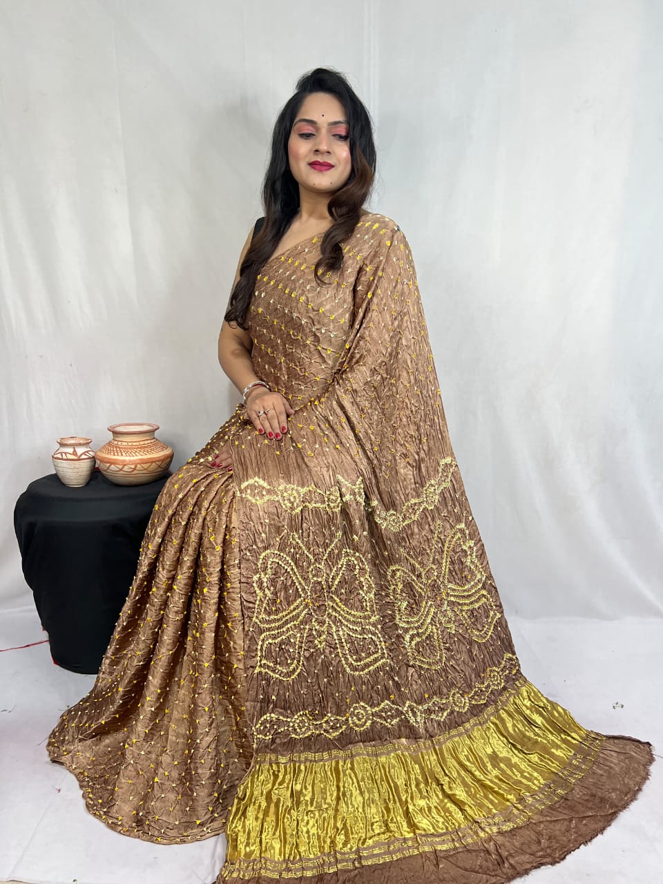 Pure Natural Dyeing Hand Block Bandhej Print Modal silk saree.