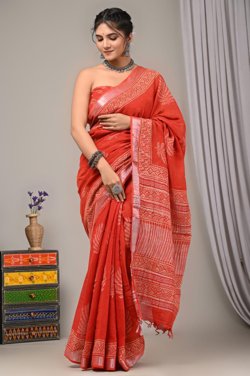 Hand Block Print Linen Saree with Blouse .