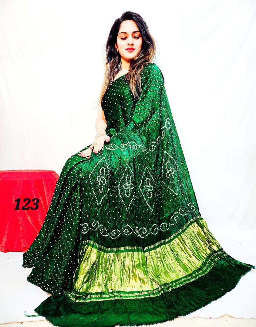 Pure Natural Dyeing Hand Block Bandhej Print Modal silk saree.