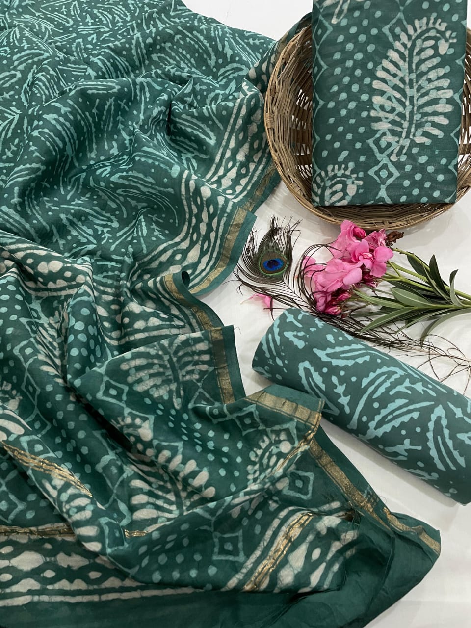 Pure Hand Block Chanderi Silk Unstitched Suit.