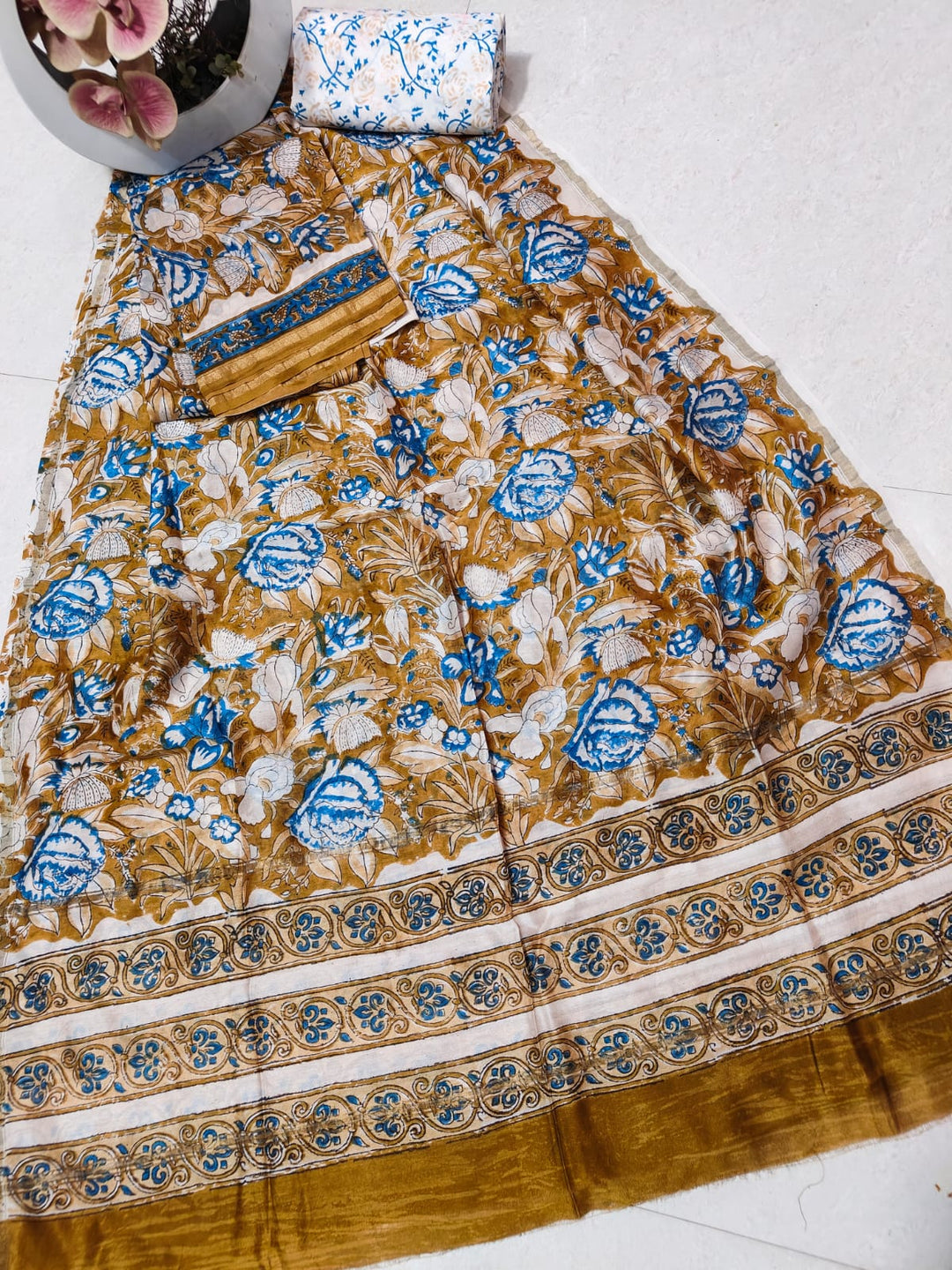 Pure Hand Block Chanderi Silk Unstitched Suit .