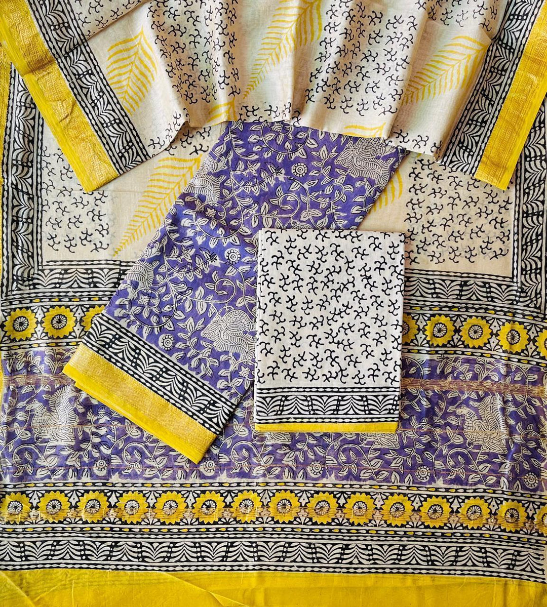Pure Maheshwari Silk Hand block print Unstitched Suit.