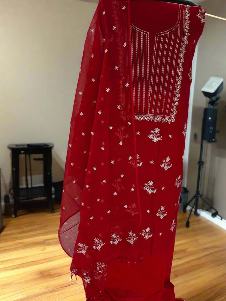 Chikankari Hand Work 2pc Unstitched Suit in Kota doria Fabric .