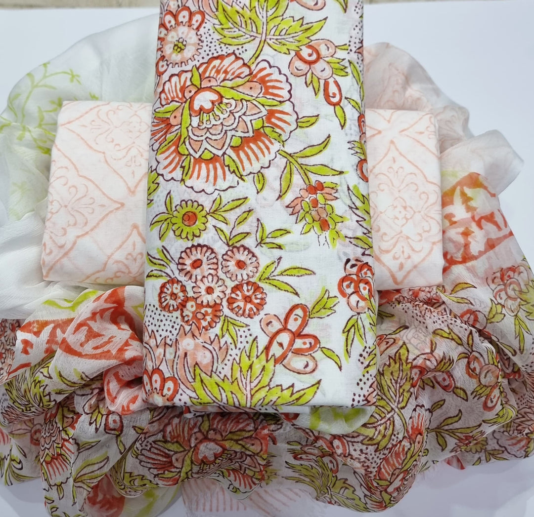 Pure Cotton Hand Block Print Unstitched Suit with chiffon dupatta .
