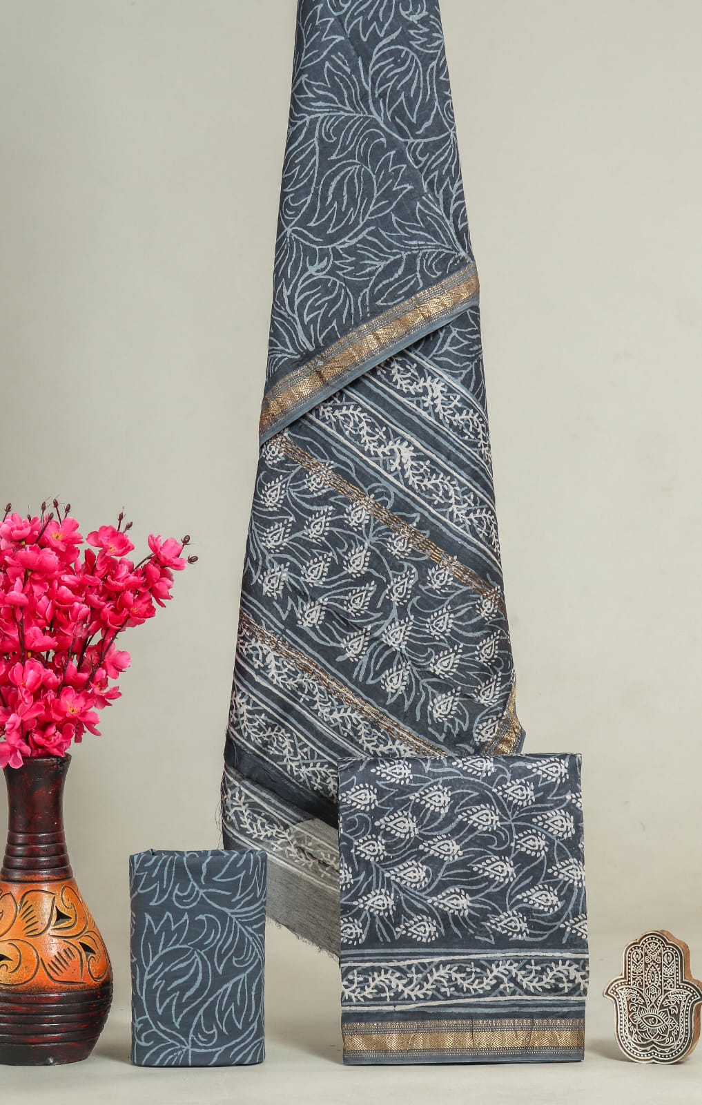 Pure Maheshwari Silk Hand block print Unstitched Suit.