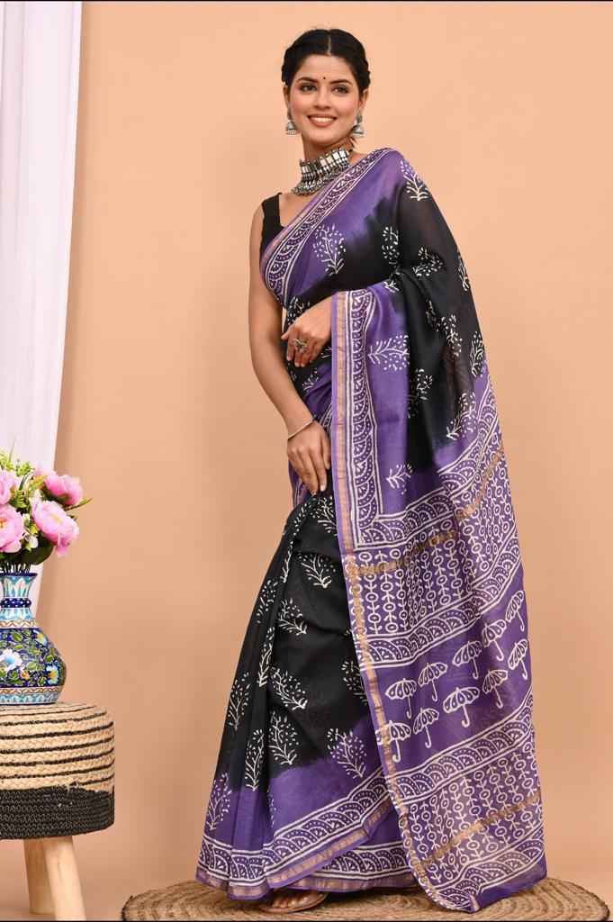Hand Block Prninted Chanderi Saree .