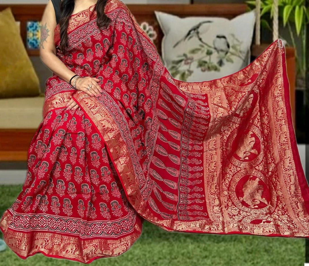 Pure Natural Dyeing Hand Block Ajrakh Print Modal silk saree.