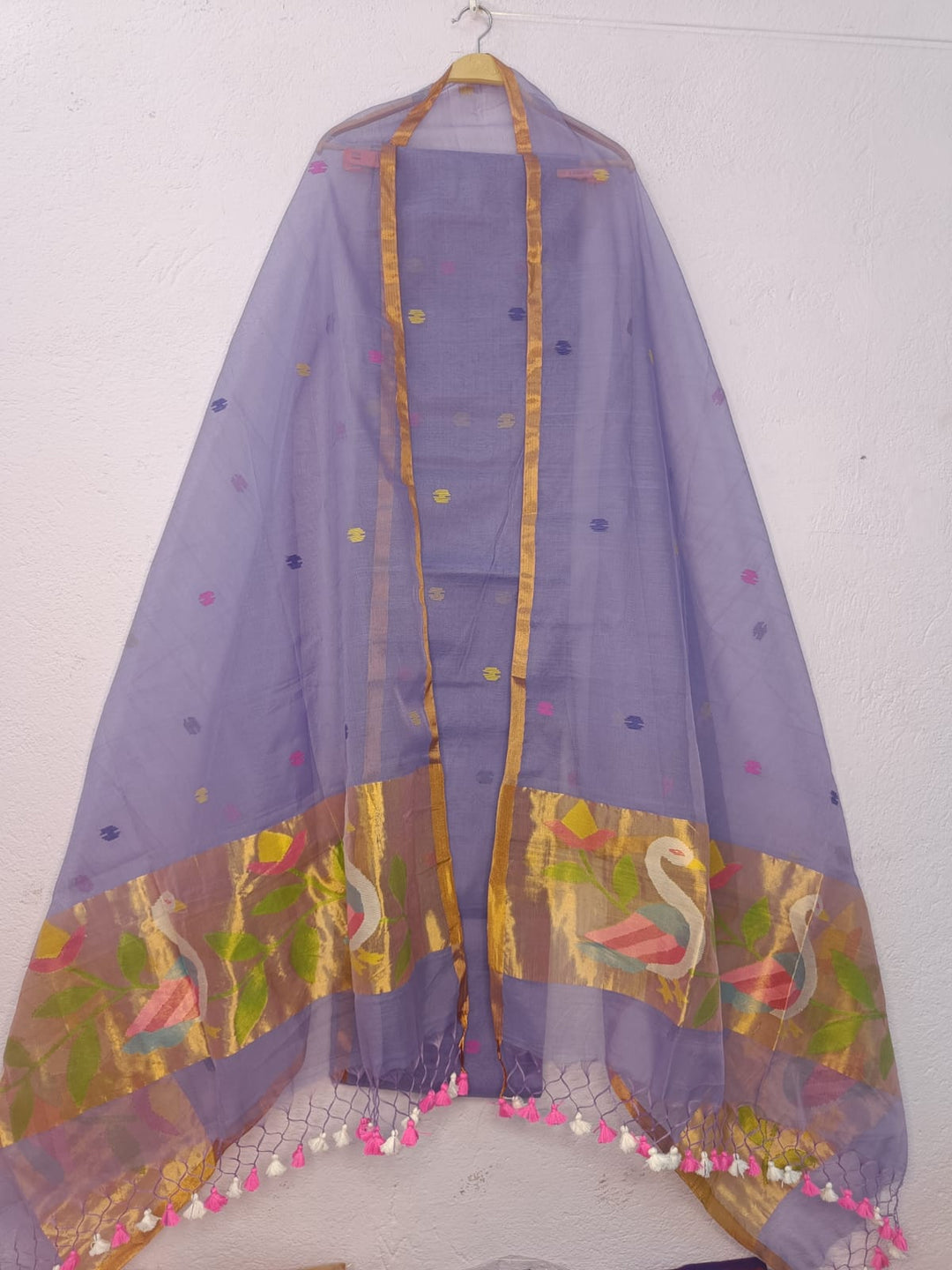 Pure Maslin Jamdani Weaved unstitched suit With Paithani Work .