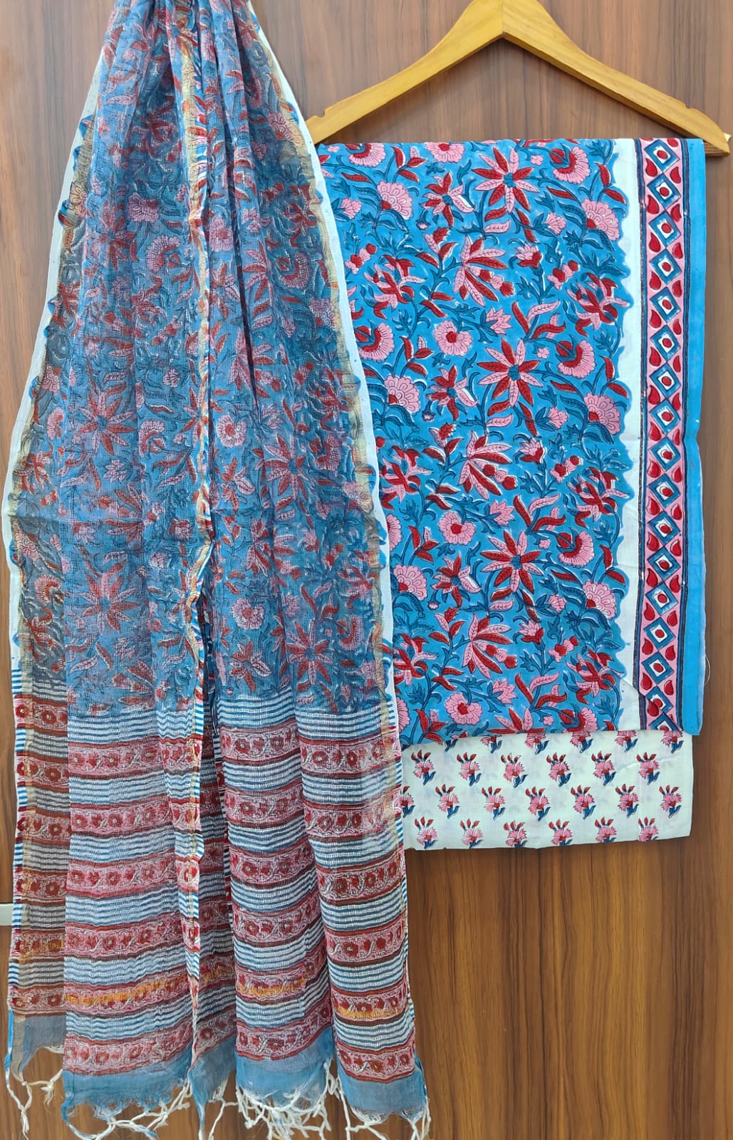 Pure Cotton Hand block print Unstitched Suit with Kota Dupatta.
