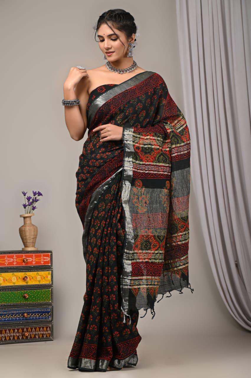 Hand Block Print Linen Saree with Blouse .