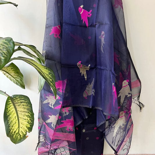 Pure Maslin Silk 2PC Jamdani Unstitched Suit With Bird Motif