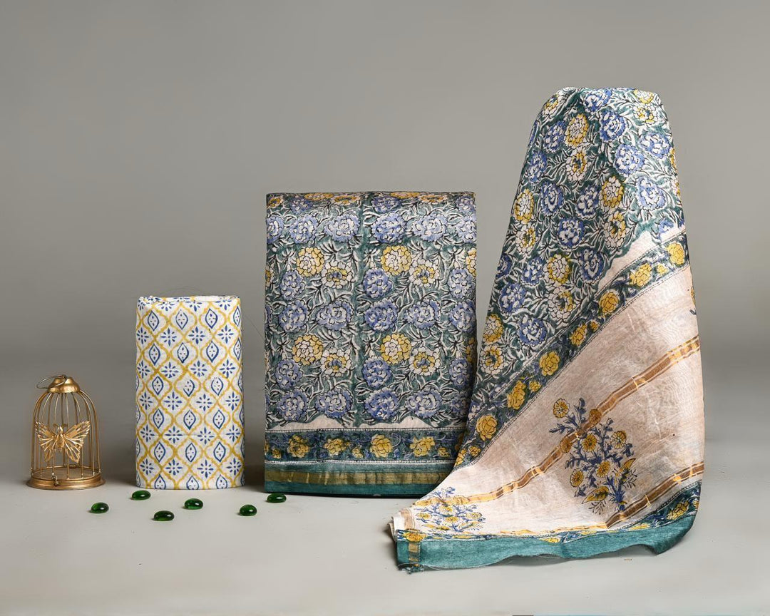 Pure Hand Block Chanderi Silk Unstitched Suit.