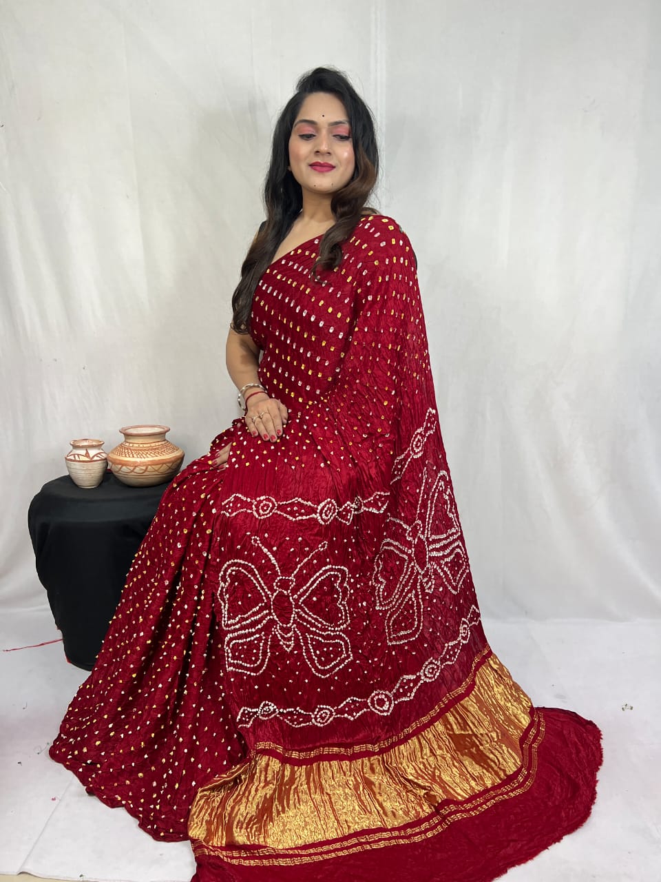 Pure Natural Dyeing Hand Block Bandhej Print Modal silk saree.