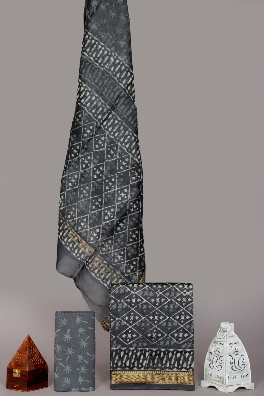 Pure Maheshwari Silk Hand block print Unstitched Suit