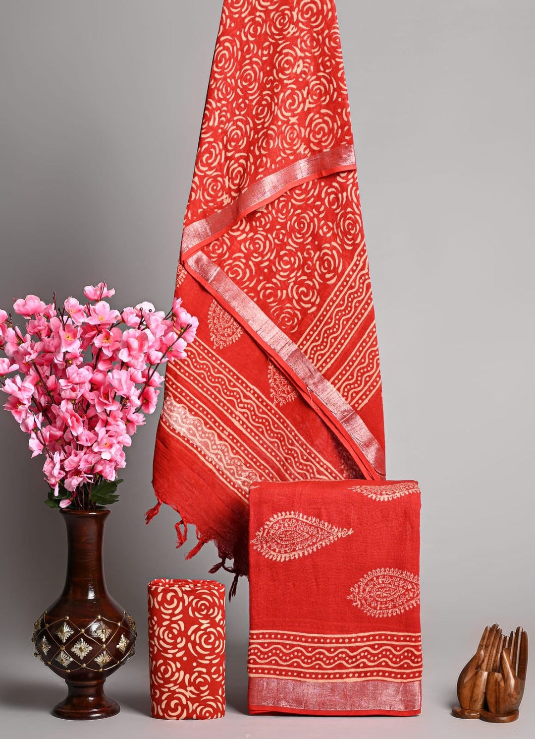 Hand Block Printed Linen Unstitched Suit .