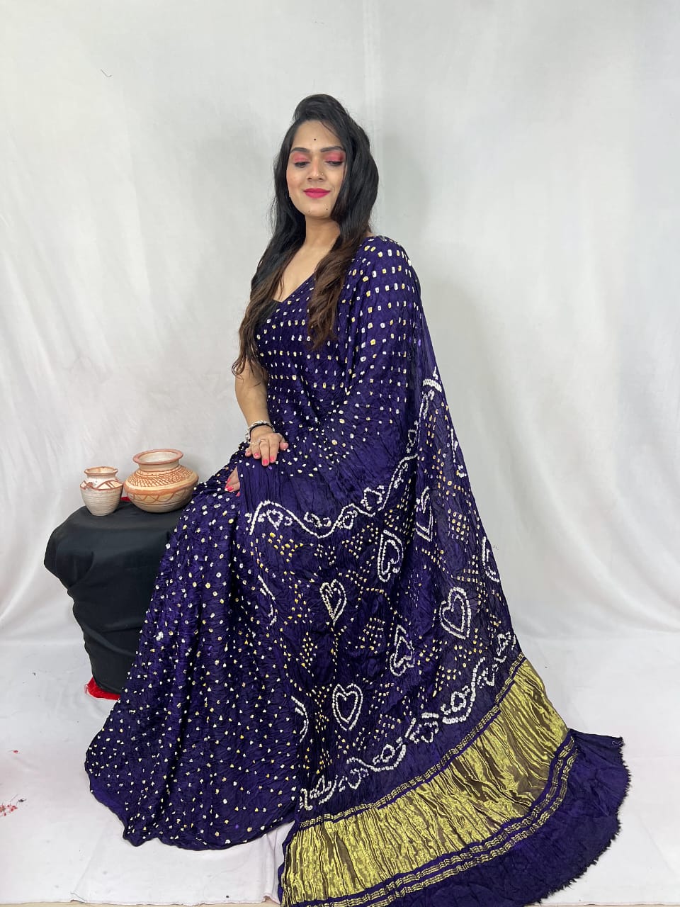 Pure Natural Dyeing Hand Block Bandhej Print Modal silk saree.