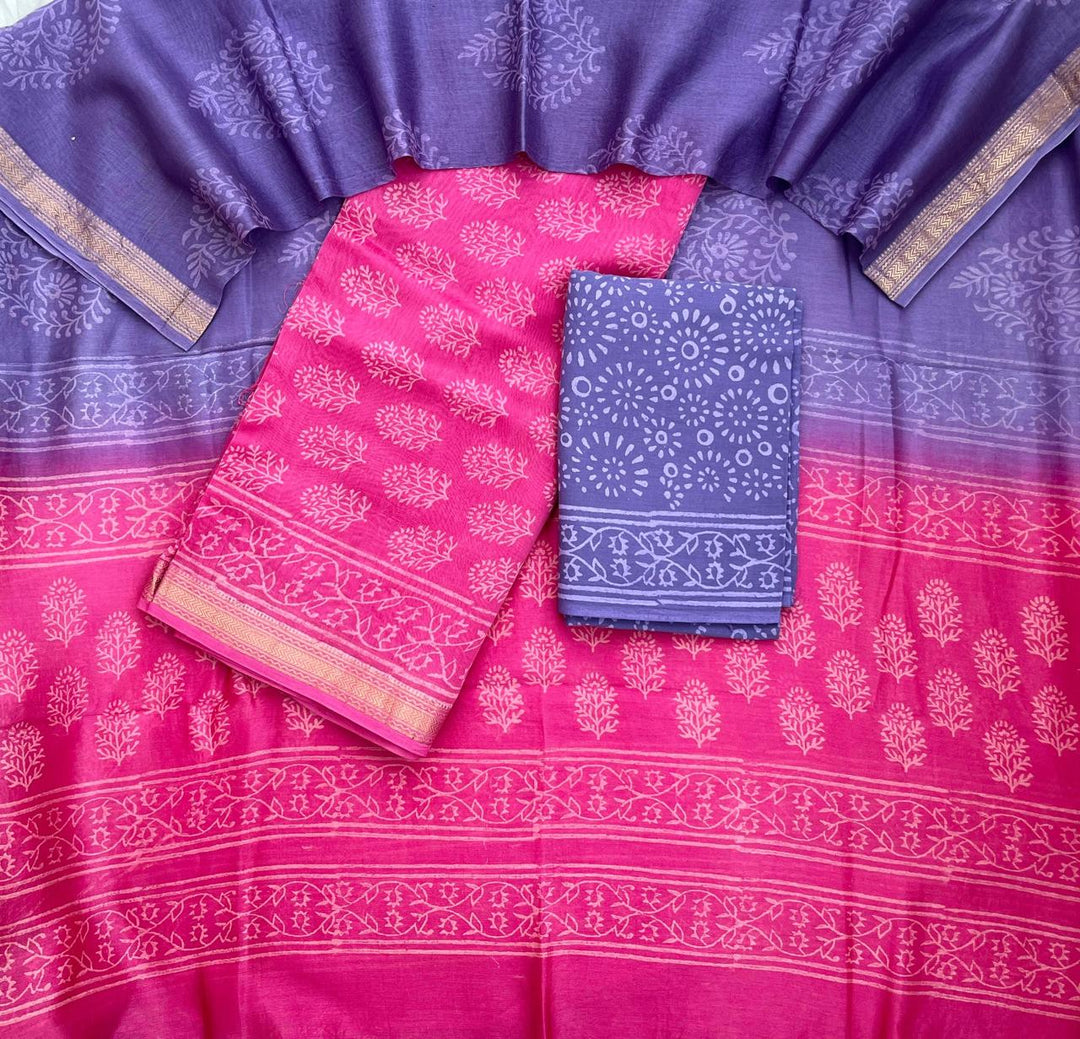 Pure Maheshwari Silk Hand block print Unstitched Suit.