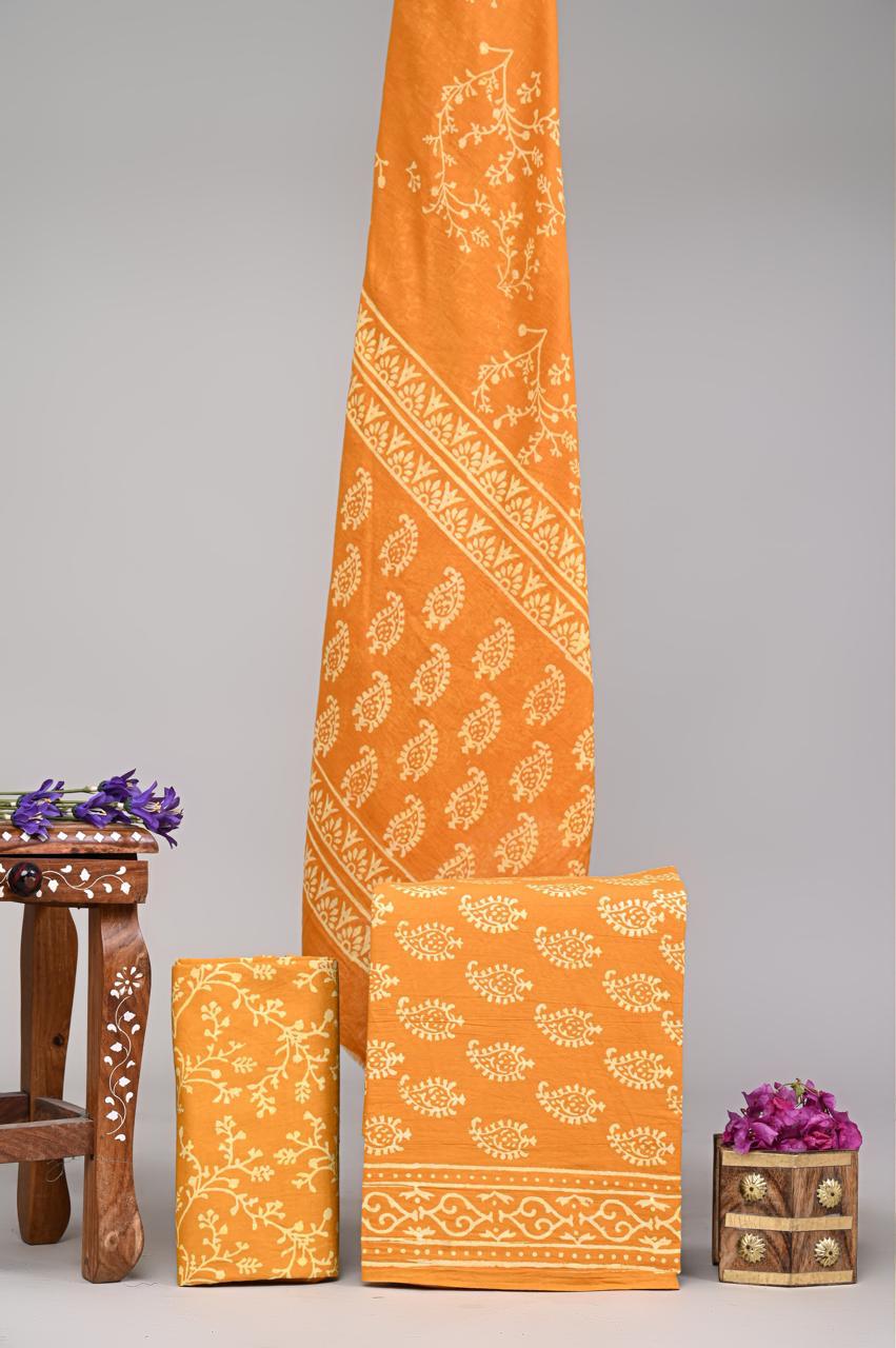 Pure Cotton Hand Block Printed Unstitched Suit Set With Cotton dupatta