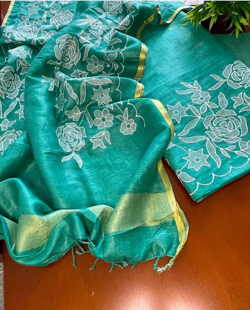 Bhagalpuri Cotton Linen Embroidery Unstitched suit.