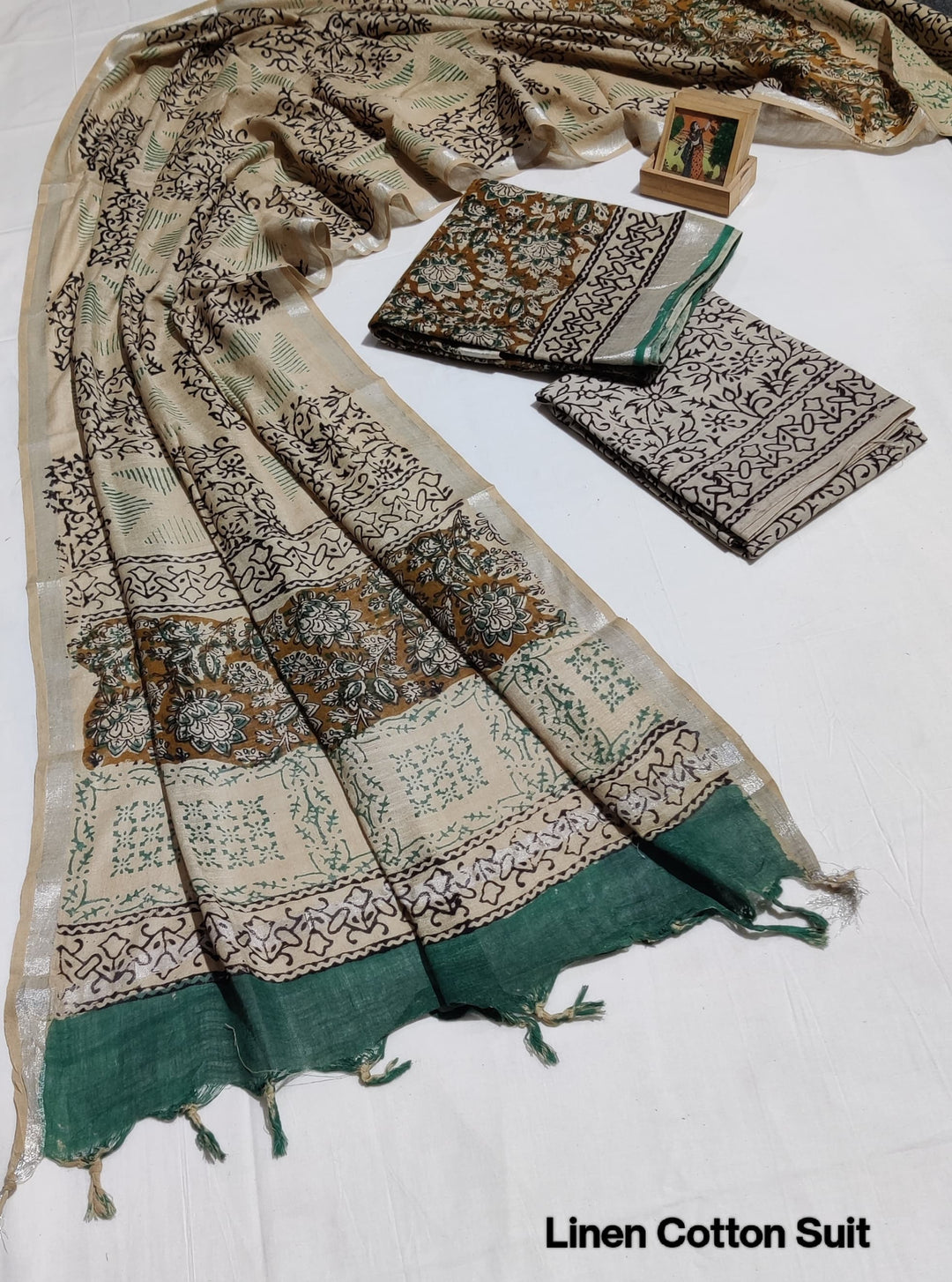 Hand Block Printed Linen Unstitched Suit .