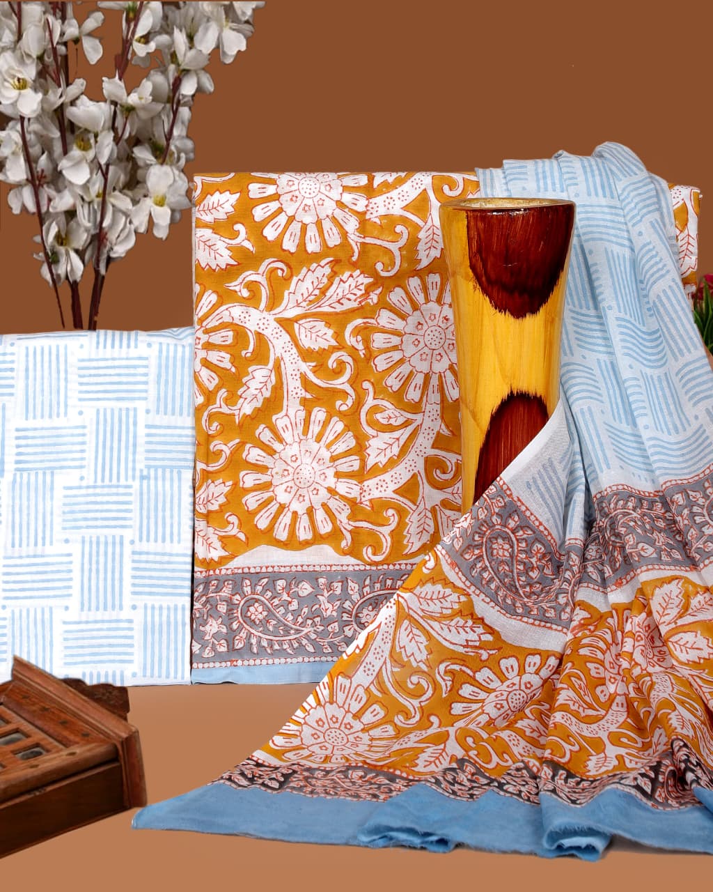 Pure Cotton Hand Block Print Unstitched Suit with Cotton Dupatta.