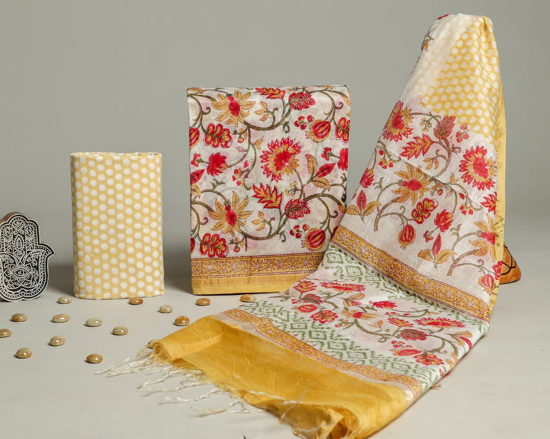 Pure Hand Block Chanderi Silk Unstitched Suit.