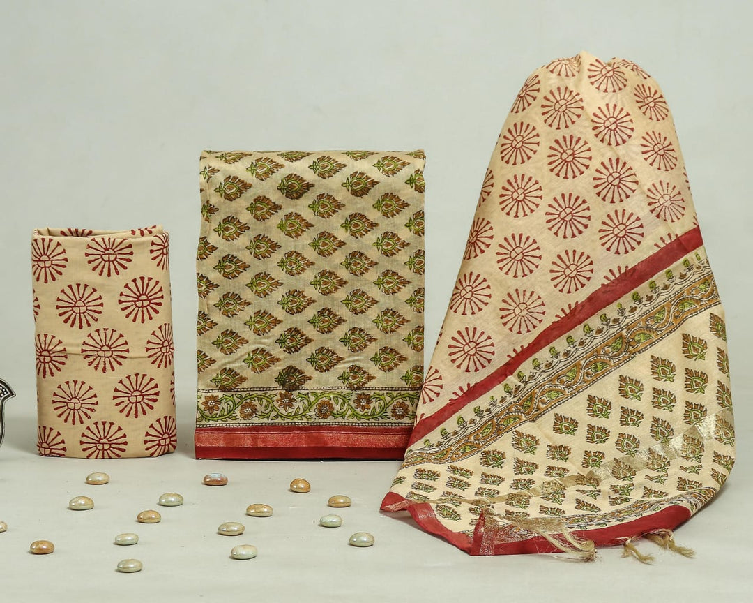 Pure Hand Block Chanderi Silk Unstitched Suit.