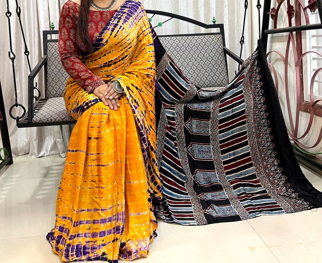Pure Natural Dyeing Hand Block Print Modal silk saree.