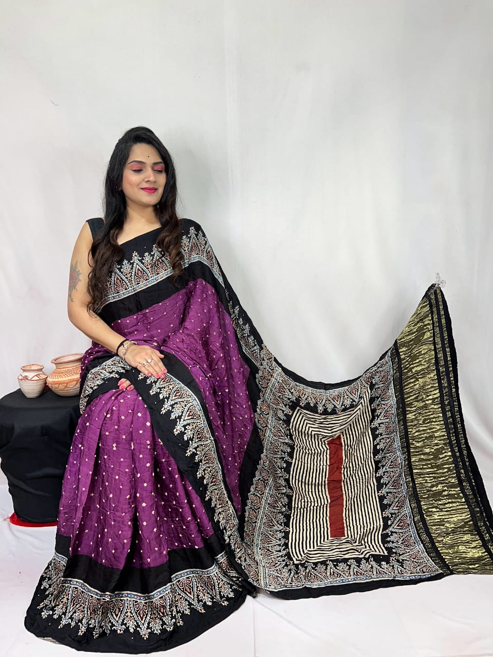 Pure Natural Dyeing Hand Block Bandhej Print Modal silk saree.