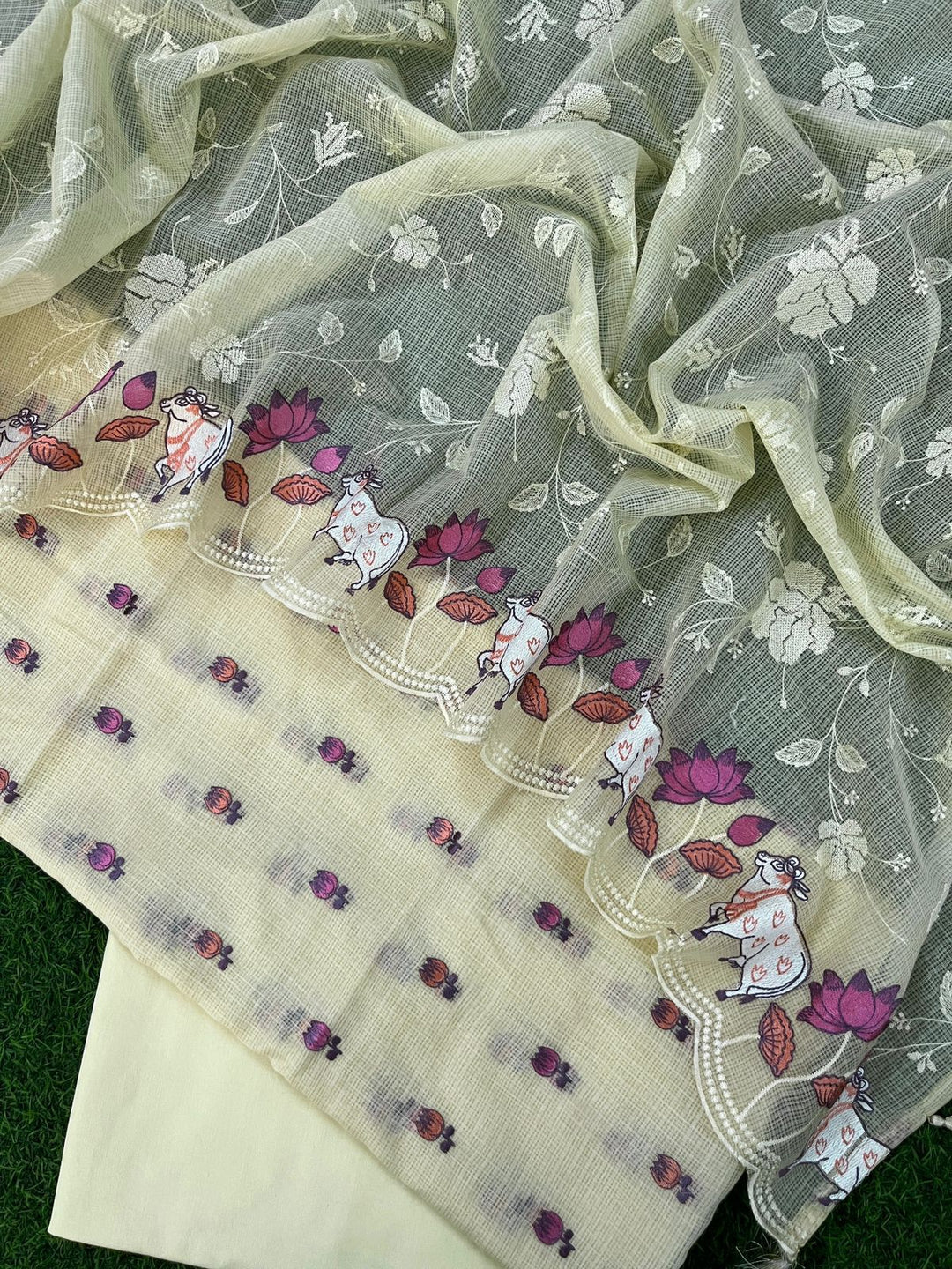 Pure Banarasi Kota Doriya Embroidery unstitched Suit With Kota pichwai Work Dupatta.