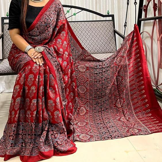 Pure Natural Dyeing Hand Block Ajrakh Print Modal silk saree.