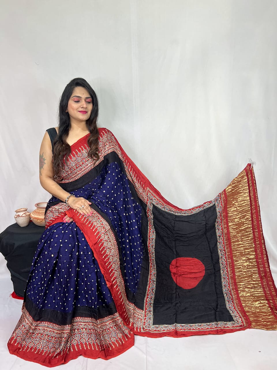 Pure Natural Dyeing Hand Block Bandhej Print Modal silk saree.